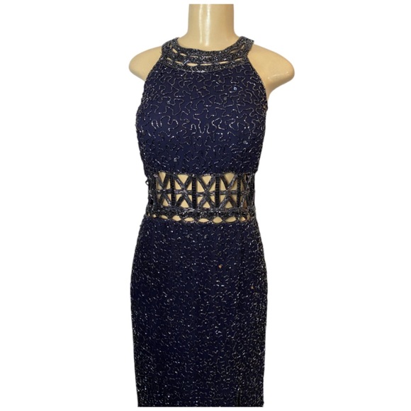 Scala Womens Beaded Sequin Maxi Dress Vintage Blue Silk Formal Evening Gown XXL - Picture 3 of 16